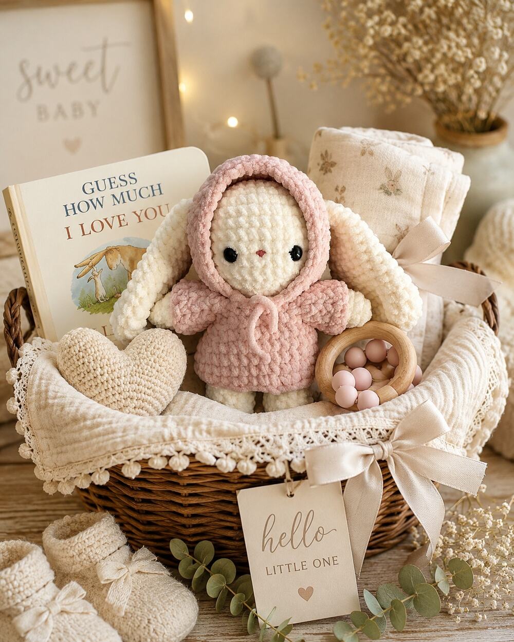 Handmade Crochet Bunny in Pink Hoodie Plush Amigurumi Nursery Decor Baby Shower